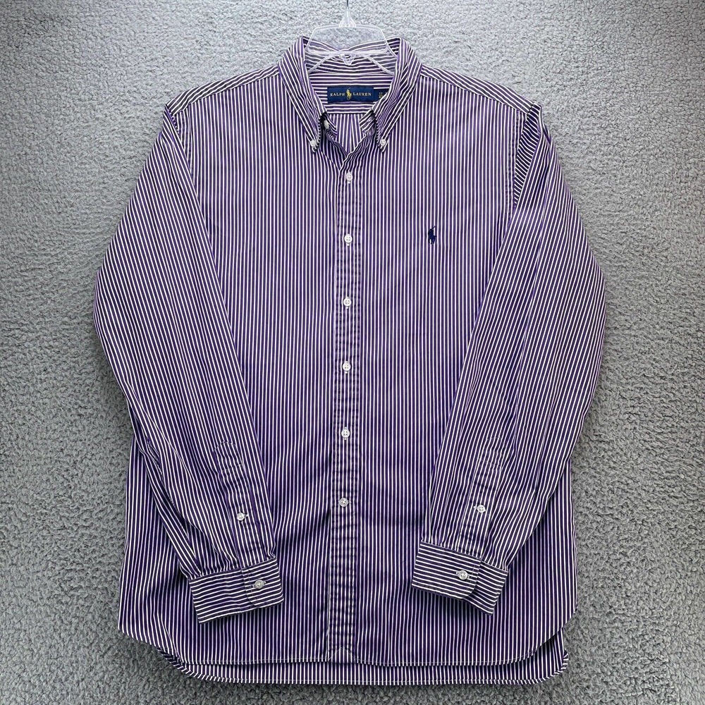 Polo Ralph Lauren Shirt Mens 17 Purple White Striped Poplin Regular Fit Casual